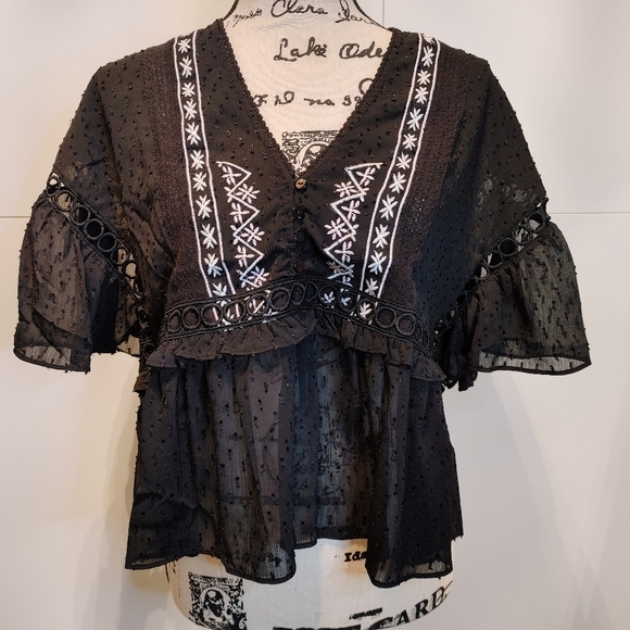 Boho Embroidered Peplum Blouse NWT Sheer Swiss Dot Black Top - Picture 3 of 11